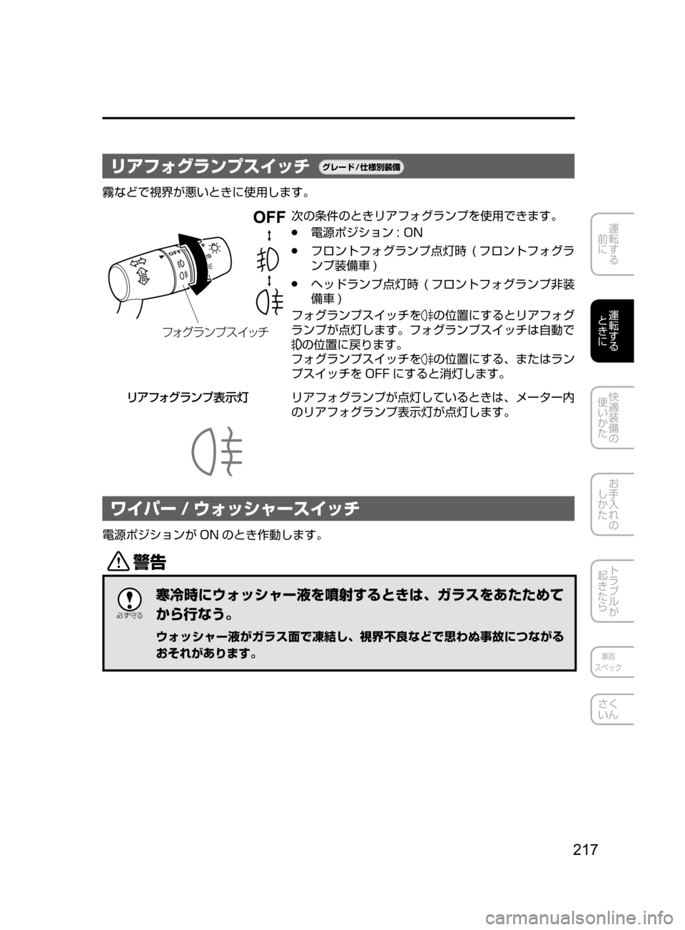 MAZDA MODEL CX-5 2017  取扱説明書 (in Japanese) 217
運転する
﻿﻿
前に
運転する
﻿﻿
ときに
快適装備の
使いかた
お手入れの
しかた
トラブルが
起きたら
車両
スペック
さく
いん
リアフォグラン