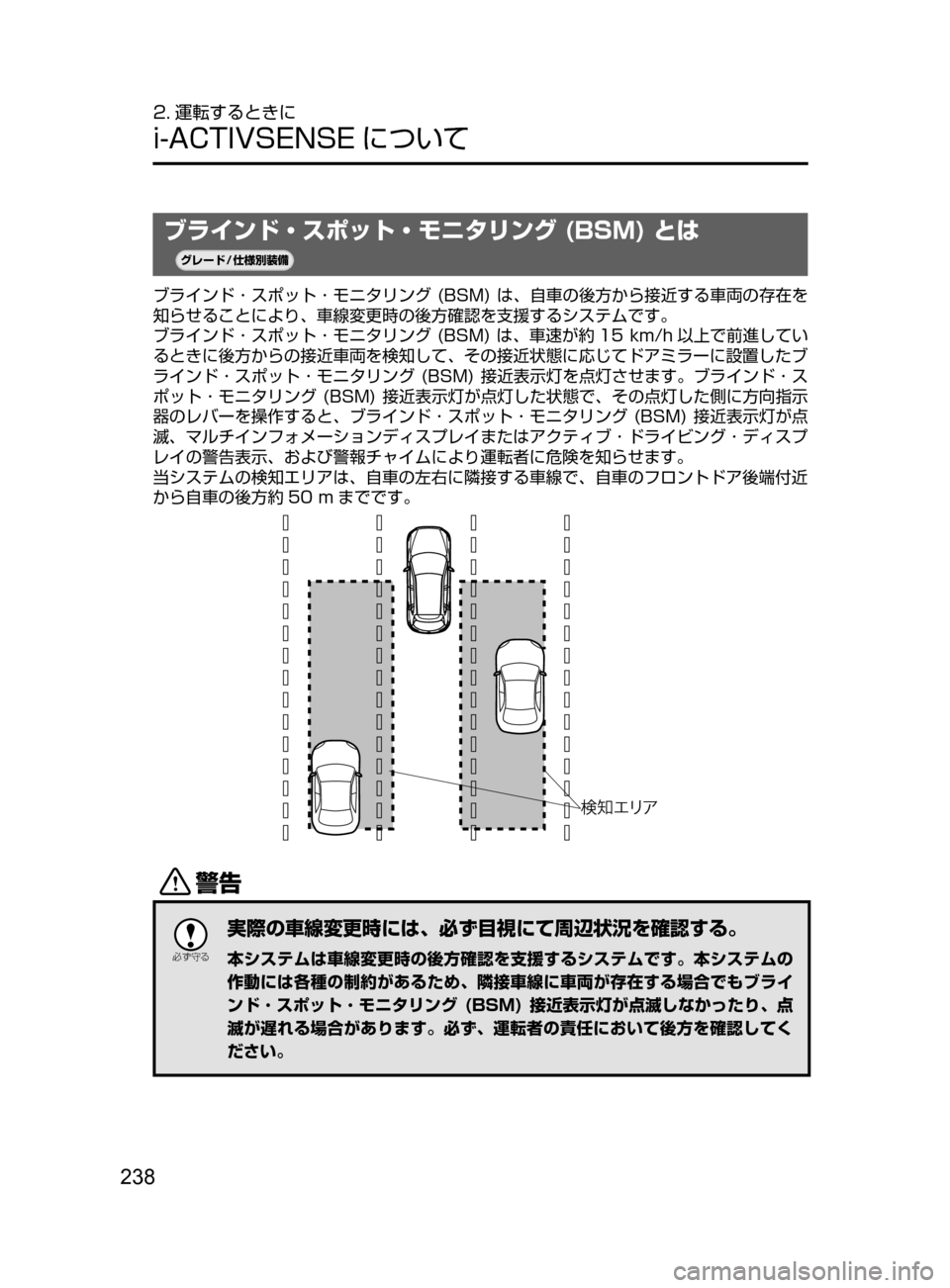MAZDA MODEL CX-5 2017  取扱説明書 (in Japanese) 238
2. 運転するときに
i-ACTIVSENSE について
ブラインド・スポット・モニタリング (BSM) とは
¬è”Å�“7
÷
‹����
ブラインド ･ スポット ･ 