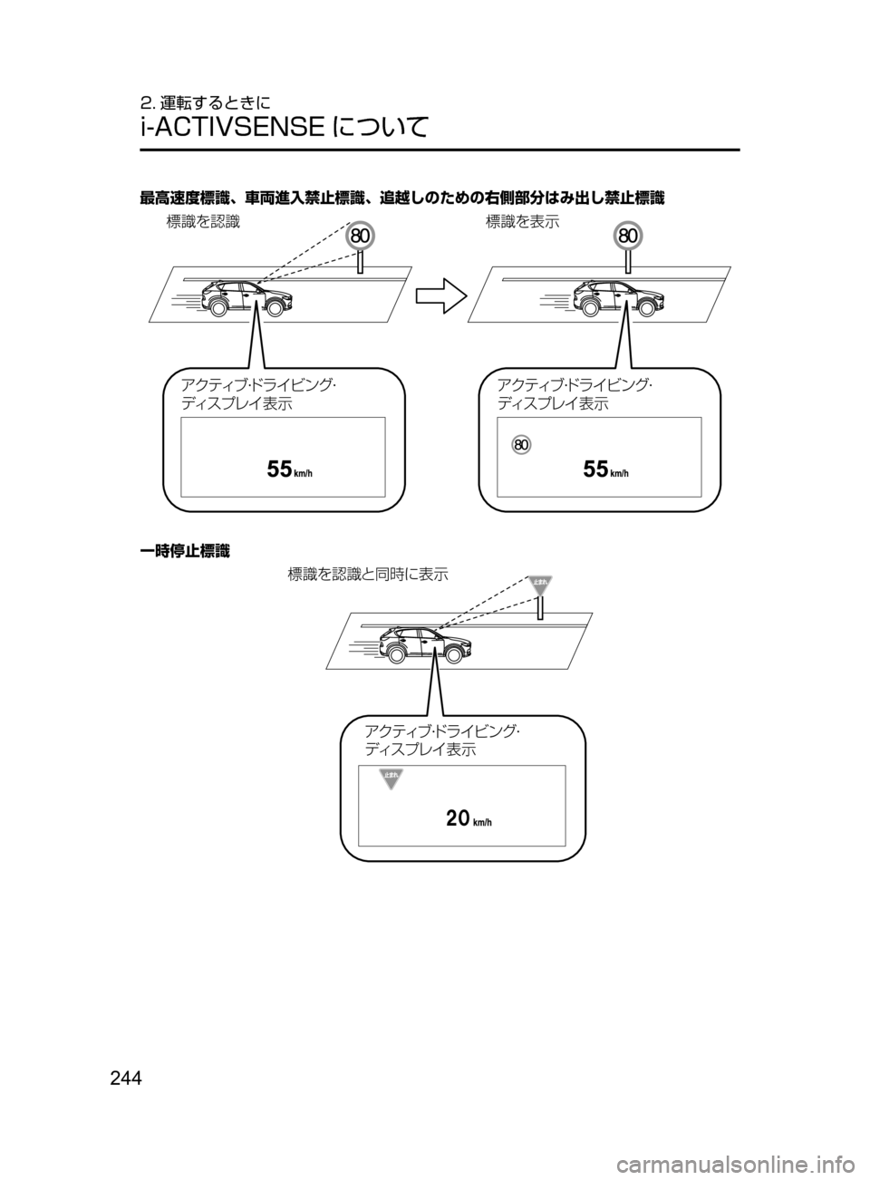 MAZDA MODEL CX-5 2017  取扱説明書 (in Japanese) 244
2. 運転するときに
i-ACTIVSENSE について
最高速度標識､ 車両進入禁止標識､ 追越しのための右側部分はみ出し禁止標識

ªÝ›ÝÝ
ª Ý›
¯Ô
ž