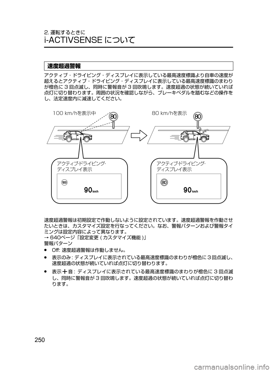 MAZDA MODEL CX-5 2017  取扱説明書 (in Japanese) 250
2. 運転するときに
i-ACTIVSENSE について
速度超過警報
アクティブ ･ ドライビング ･ ディスプレイに表示している最高速度標識より自車の速度が
