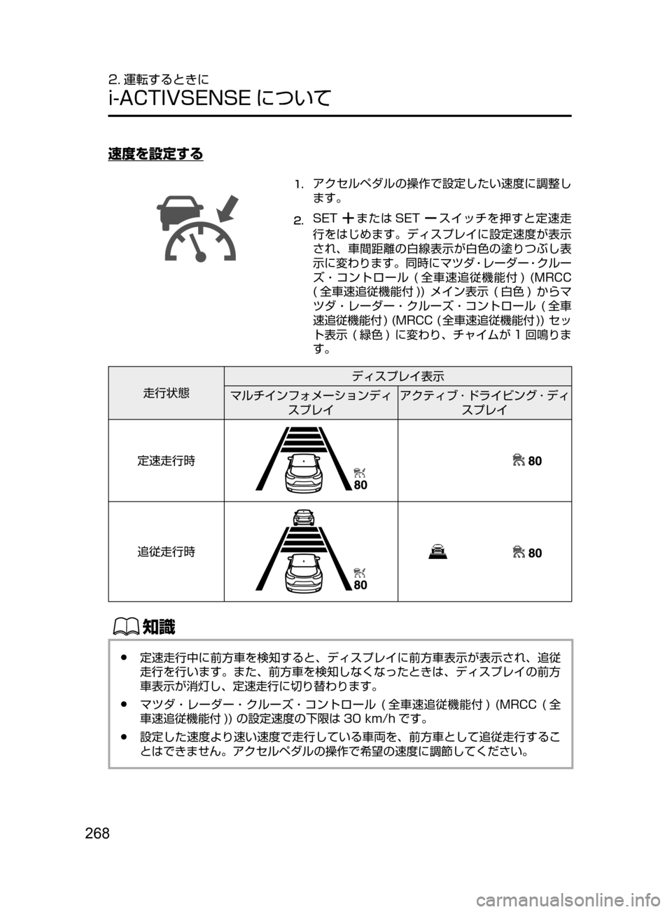MAZDA MODEL CX-5 2017  取扱説明書 (in Japanese) 268
2. 運転するときに
i-ACTIVSENSE について
速度を設定する
1.	アクセルペダルの操作で設定したい速度に調整し
ます。
2.	SETまたは SETスイッチを押すと