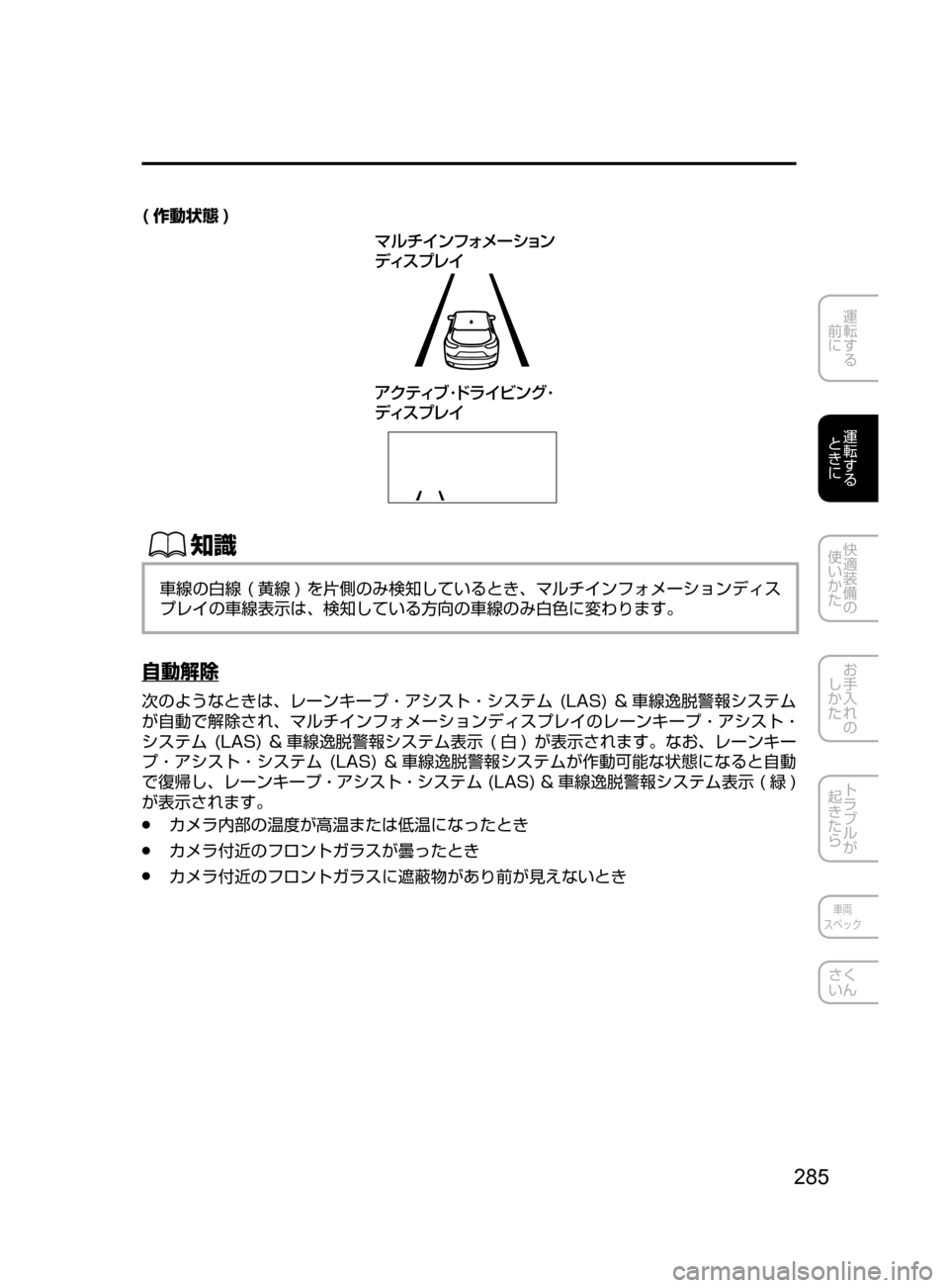 MAZDA MODEL CX-5 2017  取扱説明書 (in Japanese) 285
運転する
﻿﻿
前に
運転する
﻿﻿
ときに
快適装備の
使いかた
お手入れの
しかた
トラブルが
起きたら
車両
スペック
さく
いん
( 作動状態 )
Ú