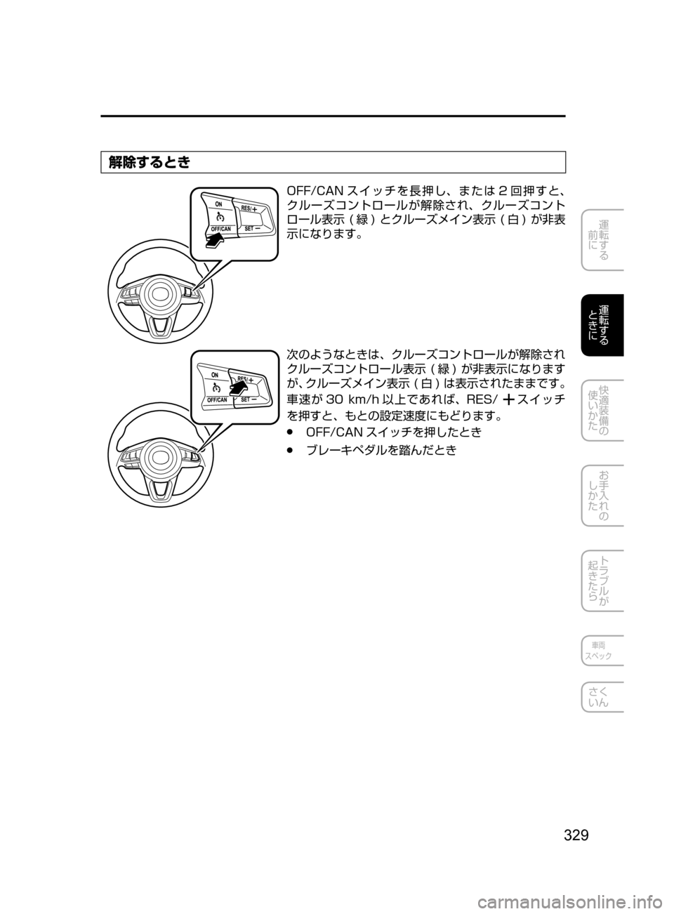 MAZDA MODEL CX-5 2017  取扱説明書 (in Japanese) 329
運転する
﻿﻿
前に
運転する
﻿﻿
ときに
快適装備の
使いかた
お手入れの
しかた
トラブルが
起きたら
車両
スペック
さく
いん
解除するとき
OF