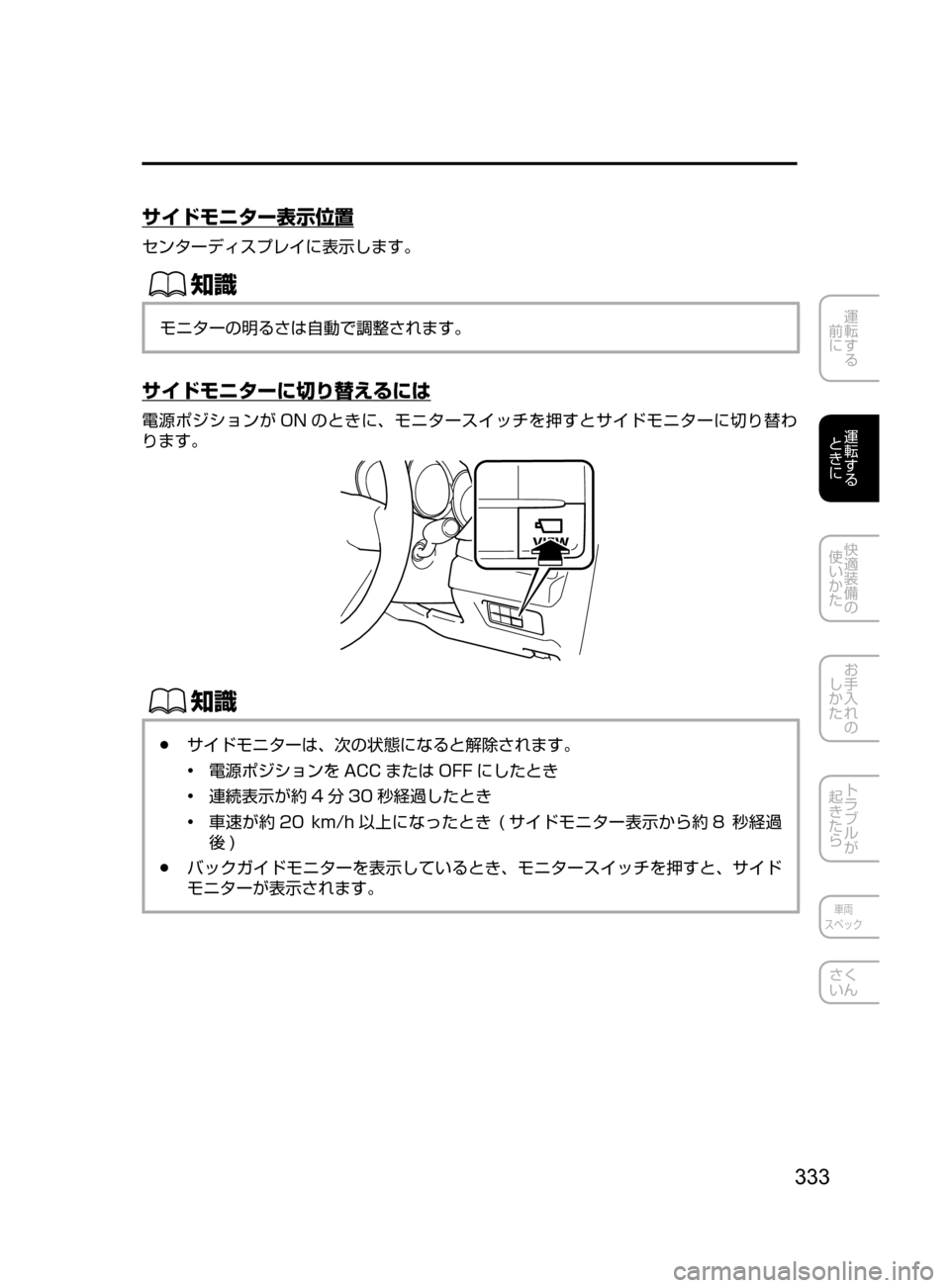 MAZDA MODEL CX-5 2017  取扱説明書 (in Japanese) 333
運転する
﻿﻿
前に
運転する
﻿﻿
ときに
快適装備の
使いかた
お手入れの
しかた
トラブルが
起きたら
車両
スペック
さく
いん
サイドモニター