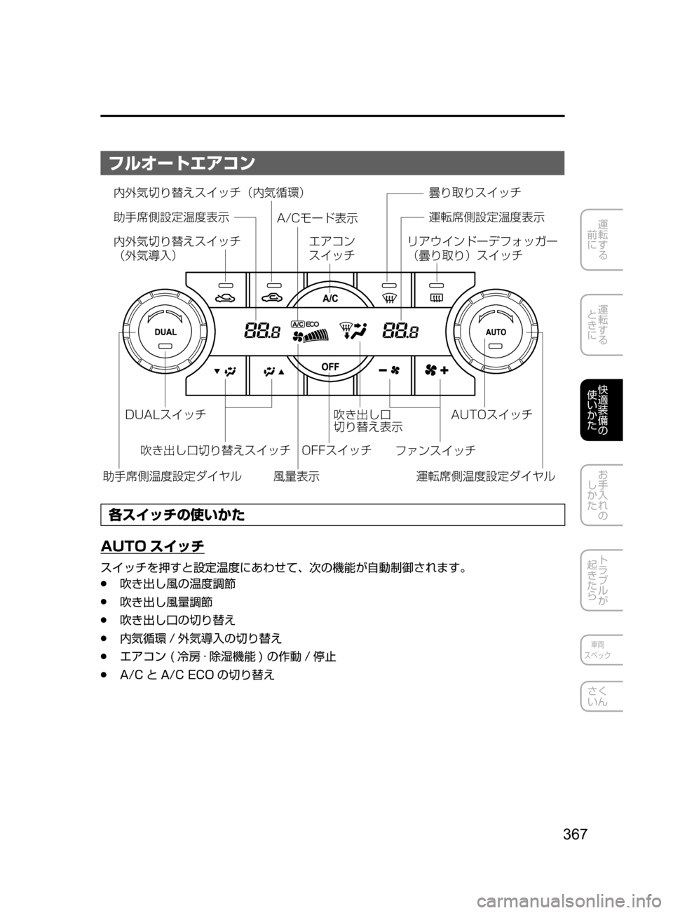 MAZDA MODEL CX-5 2017  取扱説明書 (in Japanese) 367
運転する
﻿﻿
前に
運転する
﻿﻿
ときに
快適装備の
使いかた
お手入れの
しかた
トラブルが
起きたら
車両
スペック
さく
いん
フルオートエア
