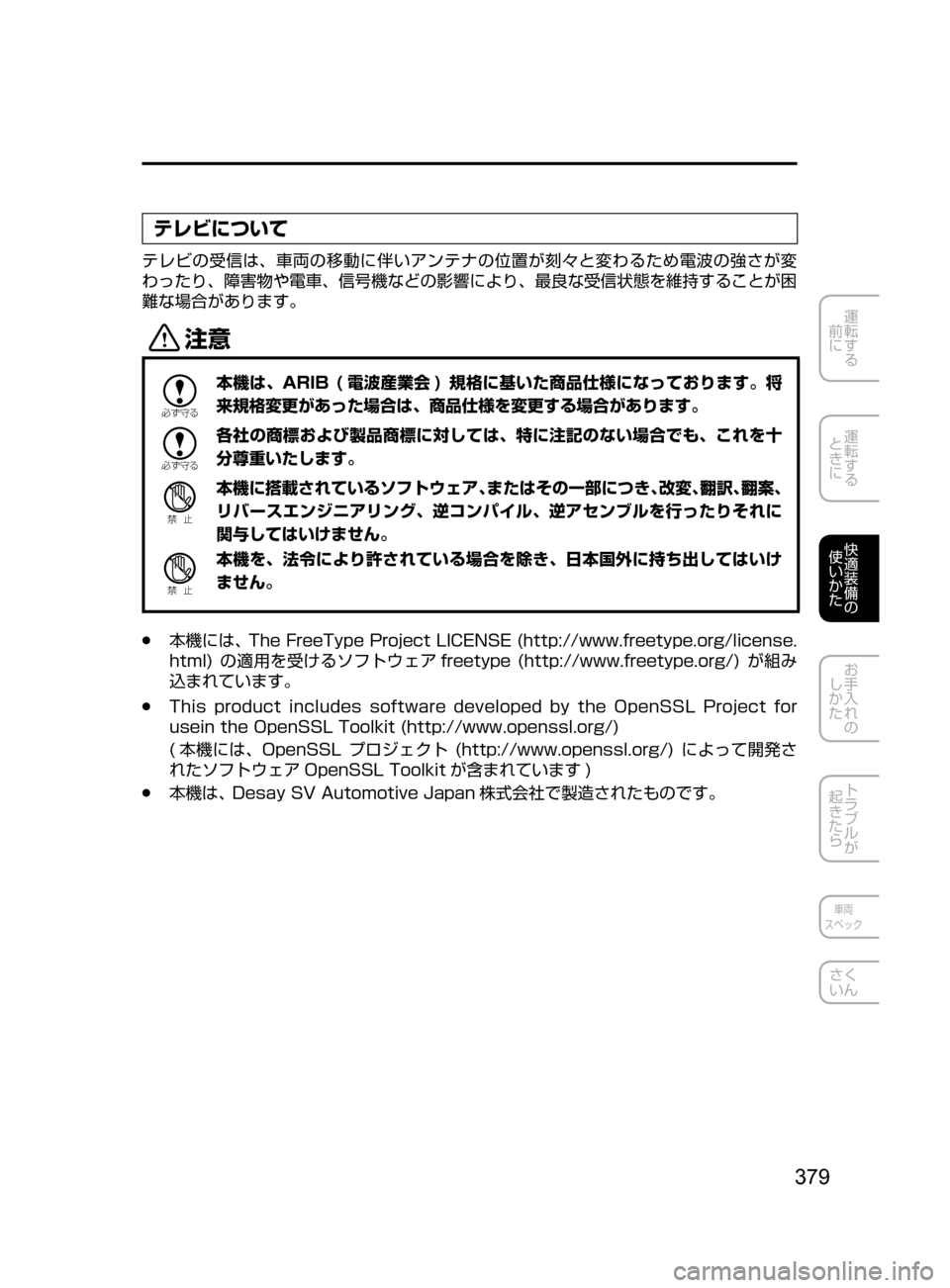 MAZDA MODEL CX-5 2017  取扱説明書 (in Japanese) 379
運転する
﻿﻿
前に
運転する
﻿﻿
ときに
快適装備の
使いかた
お手入れの
しかた
トラブルが
起きたら
車両
スペック
さく
いん
テレビについて