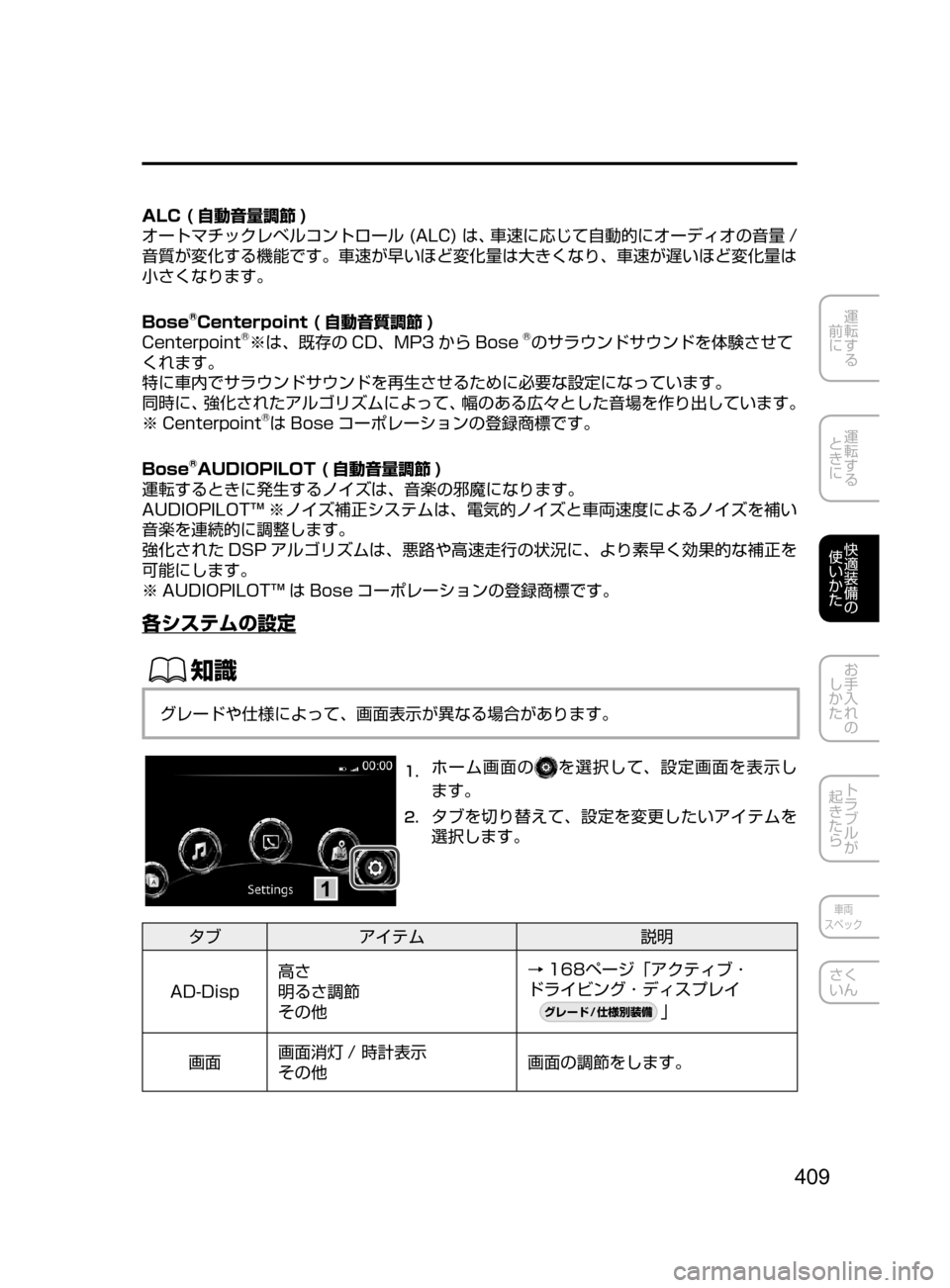 MAZDA MODEL CX-5 2017  取扱説明書 (in Japanese) 409
運転する
﻿﻿
前に
運転する
﻿﻿
ときに
快適装備の
使いかた
お手入れの
しかた
トラブルが
起きたら
車両
スペック
さく
いん
ALC ( 自動音量