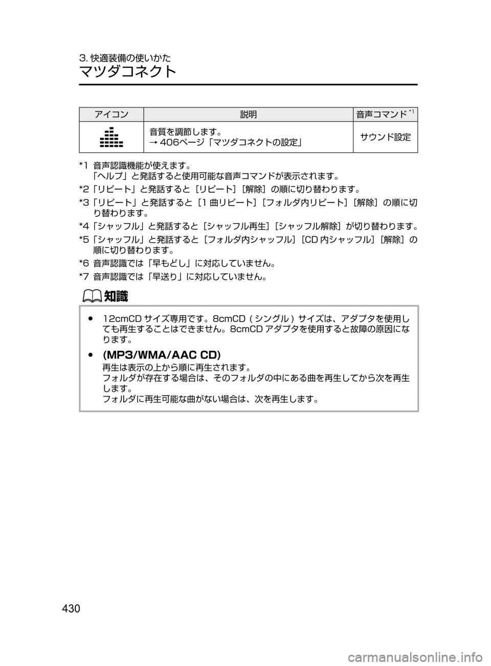 MAZDA MODEL CX-5 2017  取扱説明書 (in Japanese) 430
3. 快適装備の使いかた
マツダコネクト
アイコン説明音声コマンド*1
音質を調節します。
→406ページ「マツダコネクトの設定」 サウンド設定
*1﻿