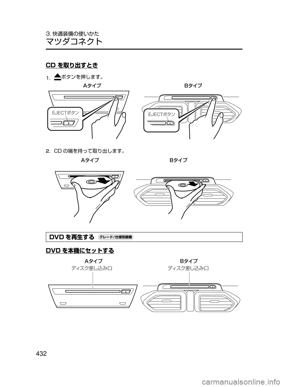 MAZDA MODEL CX-5 2017  取扱説明書 (in Japanese) 432
3. 快適装備の使いかた
マツダコネクト
CD を取り出すとき
1.	ボタンを押します。
�"» Ó » Ó
�&�+�&�$�5 Ø»ï
�&�+�&�$�5
Ø»ï
2.	CD の端を持