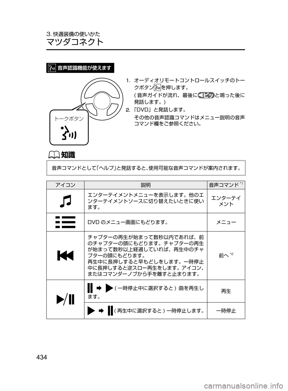 MAZDA MODEL CX-5 2017  取扱説明書 (in Japanese) 434
3. 快適装備の使いかた
マツダコネクト
Ä”«Ø»ï
1.	オーディオリモートコントロールスイッチのトー
クボタン
を押します。
( 音声ガイドが
