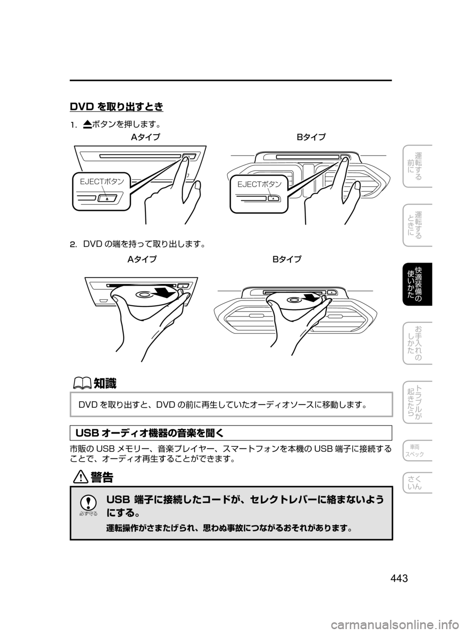 MAZDA MODEL CX-5 2017  取扱説明書 (in Japanese) 443
運転する
﻿﻿
前に
運転する
﻿﻿
ときに
快適装備の
使いかた
お手入れの
しかた
トラブルが
起きたら
車両
スペック
さく
いん
DVD を取り出す