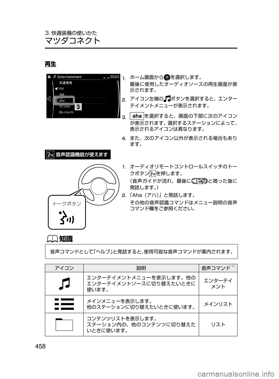 MAZDA MODEL CX-5 2017  取扱説明書 (in Japanese) 458
3. 快適装備の使いかた
マツダコネクト
再生
1.	ホーム画面からを選択します。
最後に使用したオーディオソースの再生画面が表
示されます。
2.	