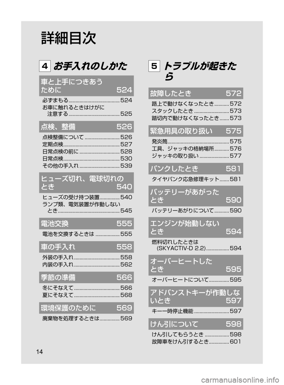 MAZDA MODEL CX-5 2017 取扱説明書 (in Japanese) 14
4 お手入れのしかた
車と上手につきあう
ために 524
必ずまもる......................................524
お車に触れるときはけがに 注意する
MAZDA MODEL CX-5 2017 取扱説明書 (in Japanese) 14
4 お手入れのしかた
車と上手につきあう
ために 524
必ずまもる......................................524
お車に触れるときはけがに 注意する

