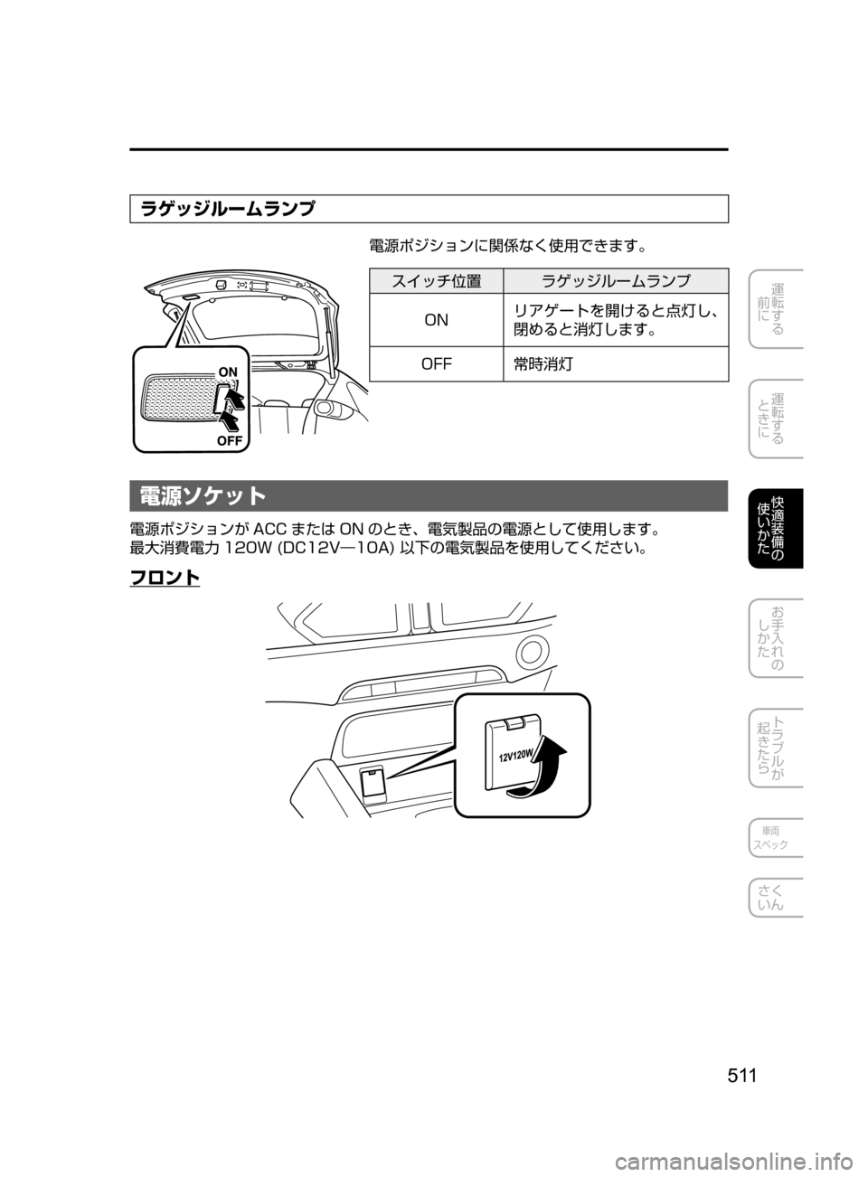 MAZDA MODEL CX-5 2017  取扱説明書 (in Japanese) 5 11
運転する
﻿﻿
前に
運転する
﻿﻿
ときに
快適装備の
使いかた
お手入れの
しかた
トラブルが
起きたら
車両
スペック
さく
いん
ラゲッジルー