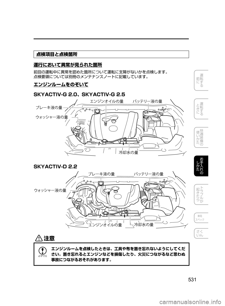 MAZDA MODEL CX-5 2017  取扱説明書 (in Japanese) 531
運転する
﻿﻿
前に
運転する
﻿﻿
ときに
快適装備の
使いかた
お手入れの
しかた
トラブルが
起きたら
車両
スペック
さく
いん
点検項目と点検