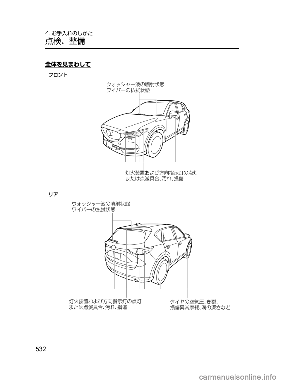 MAZDA MODEL CX-5 2017  取扱説明書 (in Japanese) 532
4. お手入れのしかた
点検､ 整備
全体を見まわして
¢¥¿³ß”÷w
þù	Ý6
ë Í”w
÷	ç	Ý6
¢¥¿³ß”÷w
þù	Ý6
ë Í”w
÷	ç	Ý6 