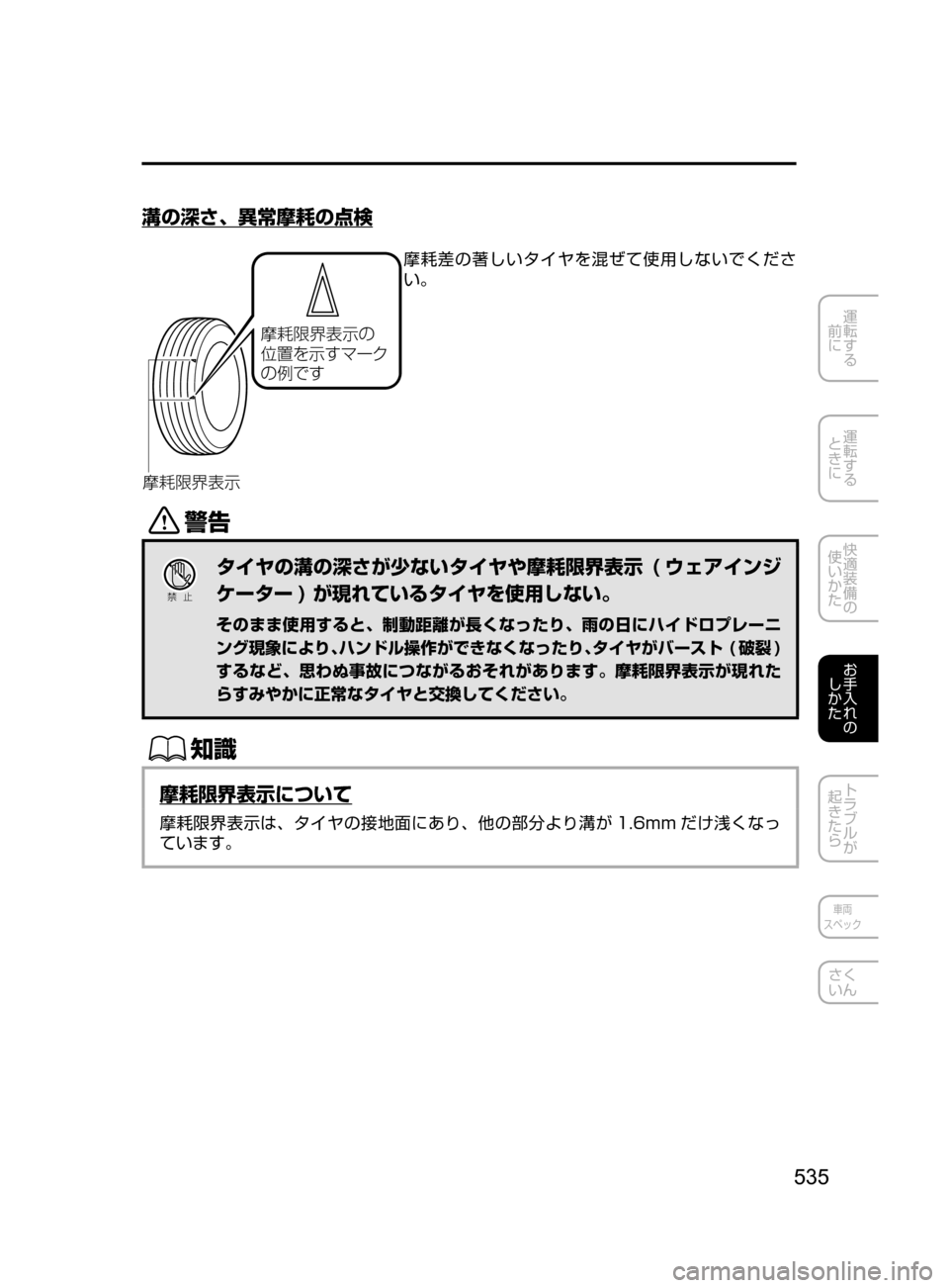 MAZDA MODEL CX-5 2017  取扱説明書 (in Japanese) 535
運転する
﻿﻿
前に
運転する
﻿﻿
ときに
快適装備の
使いかた
お手入れの
しかた
トラブルが
起きたら
車両
スペック
さく
いん
溝の深さ､ 異