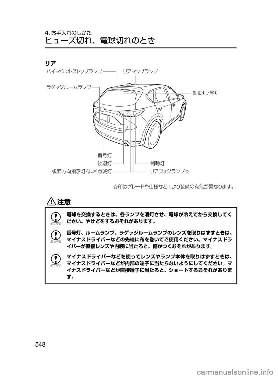 MAZDA MODEL CX-5 2017  取扱説明書 (in Japanese) 548
4. お手入れのしかた
ヒューズ切れ､ 電球切れのとき
リア
Ñ¹x¬è”Å “7 srt‘“
÷
‹wÁ UŸs“‡b {
™ØM²¦Ôn�
‡	×:Ón 