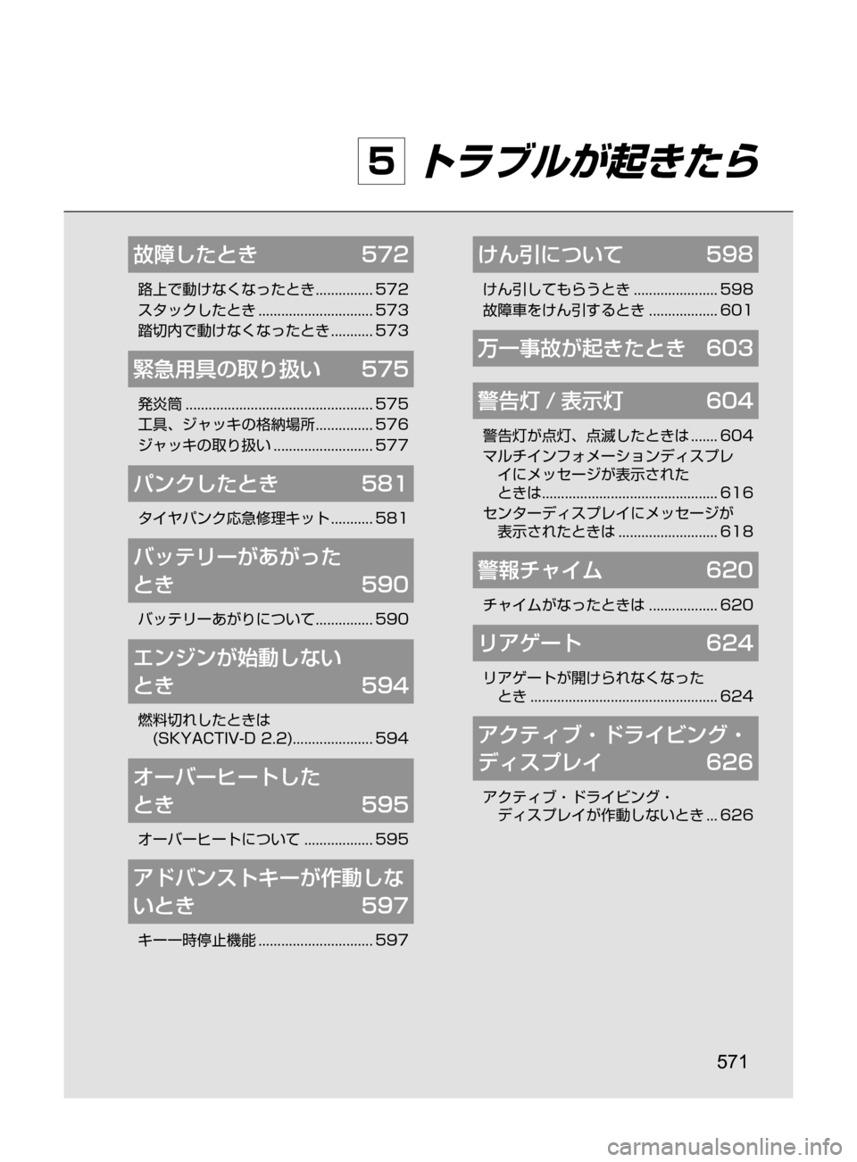 MAZDA MODEL CX-5 2017  取扱説明書 (in Japanese) 571
5 トラブルが起きたら
故障したとき	 572
路上で動けなくなったとき﻿﻿...............572
スタックしたとき
﻿﻿..............................573
踏切内で
