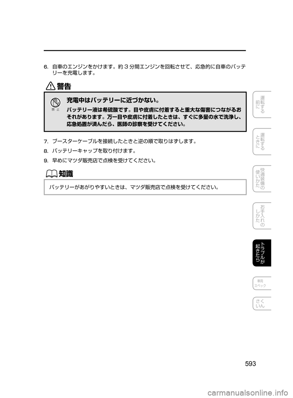 MAZDA MODEL CX-5 2017  取扱説明書 (in Japanese) 593
運転する
﻿﻿
前に
運転する
﻿﻿
ときに
快適装備の
使いかた
お手入れの
しかた
トラブルが
起きたら
車両
スペック
さく
いん
6.	
自車のエン