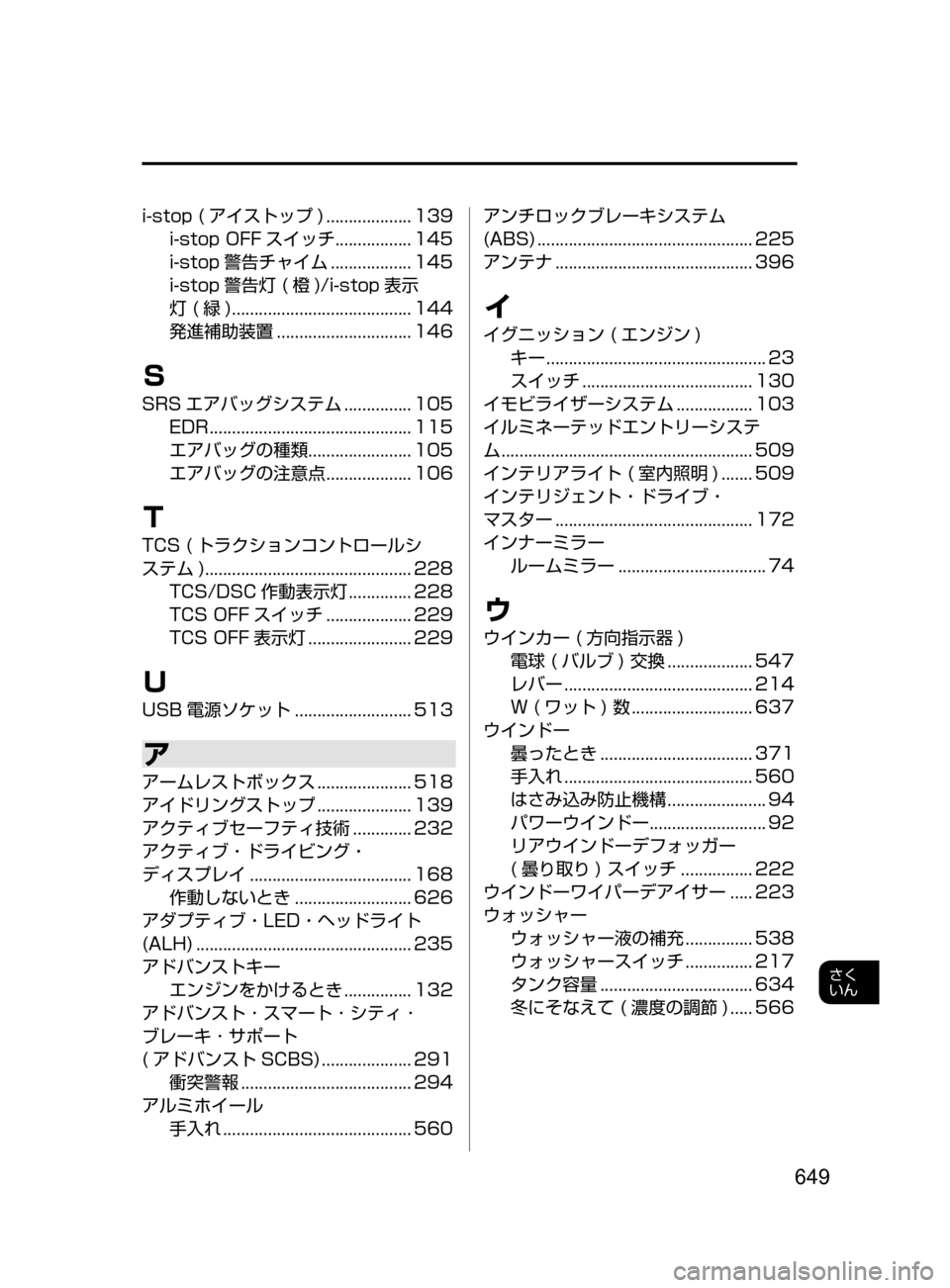MAZDA MODEL CX-5 2017  取扱説明書 (in Japanese) 649
さく
いん
i-stop﻿﻿( アイストップ )﻿﻿...................139
i-stop﻿﻿OFF スイッチ.................145
i-stop 警告チャイム
﻿﻿..................145
i-stop 警告灯