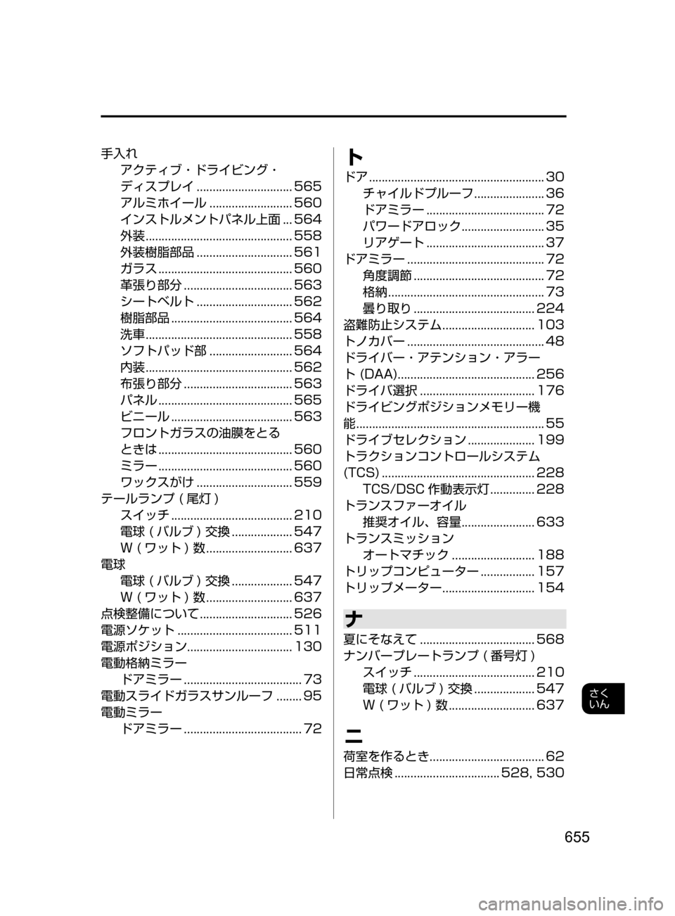MAZDA MODEL CX-5 2017 取扱説明書 (in Japanese) 655
さく
いん
手入れアクティブ・ドライビング・
ディスプレイ
..............................565
アルミホイール
..........................560
インス MAZDA MODEL CX-5 2017 取扱説明書 (in Japanese) 655
さく
いん
手入れアクティブ・ドライビング・
ディスプレイ
..............................565
アルミホイール
..........................560
インス