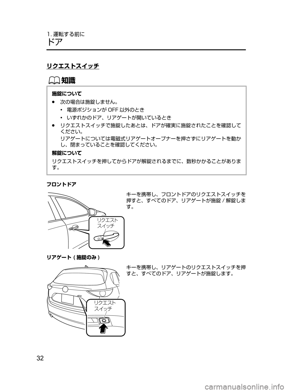 MAZDA MODEL CX-5 2017  取扱説明書 (in Japanese) 32
1. 運転する前に
ドア
リクエストスイッチ
ŒÝ
施錠について
﻿﻿●次の場合は施錠しません。
•﻿﻿電源ポジションが OFF 以外のとき
•﻿﻿い