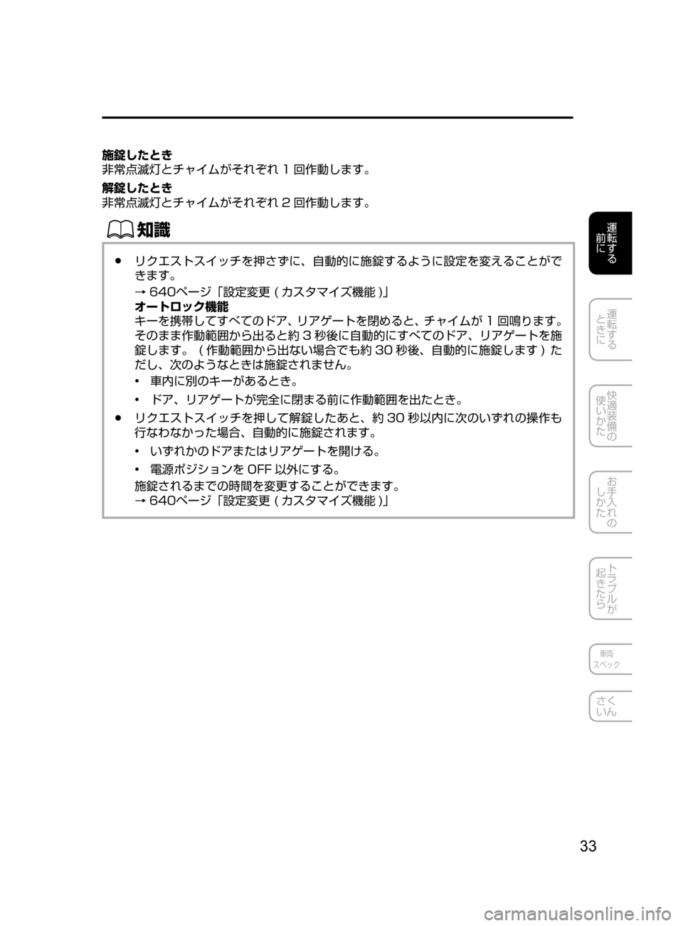 MAZDA MODEL CX-5 2017  取扱説明書 (in Japanese) 33
運転する
﻿﻿
前に
運転する
﻿﻿
ときに
快適装備の
使いかた
お手入れの
しかた
トラブルが
起きたら
車両
スペック
さく
いん
施錠したとき
非