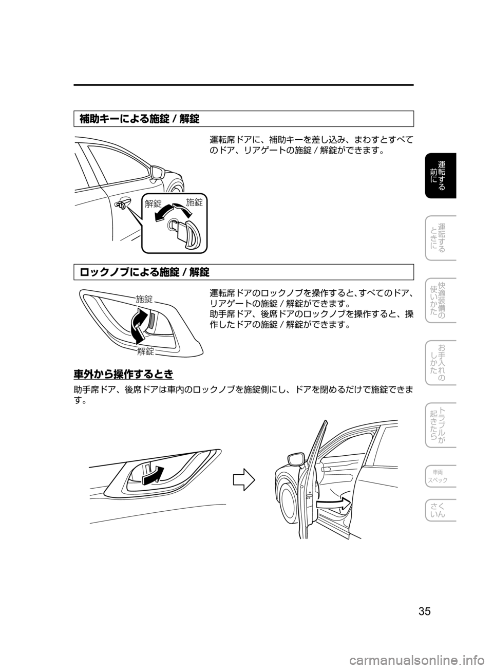 MAZDA MODEL CX-5 2017  取扱説明書 (in Japanese) 35
運転する
﻿﻿
前に
運転する
﻿﻿
ときに
快適装備の
使いかた
お手入れの
しかた
トラブルが
起きたら
車両
スペック
さく
いん
補助キーによる