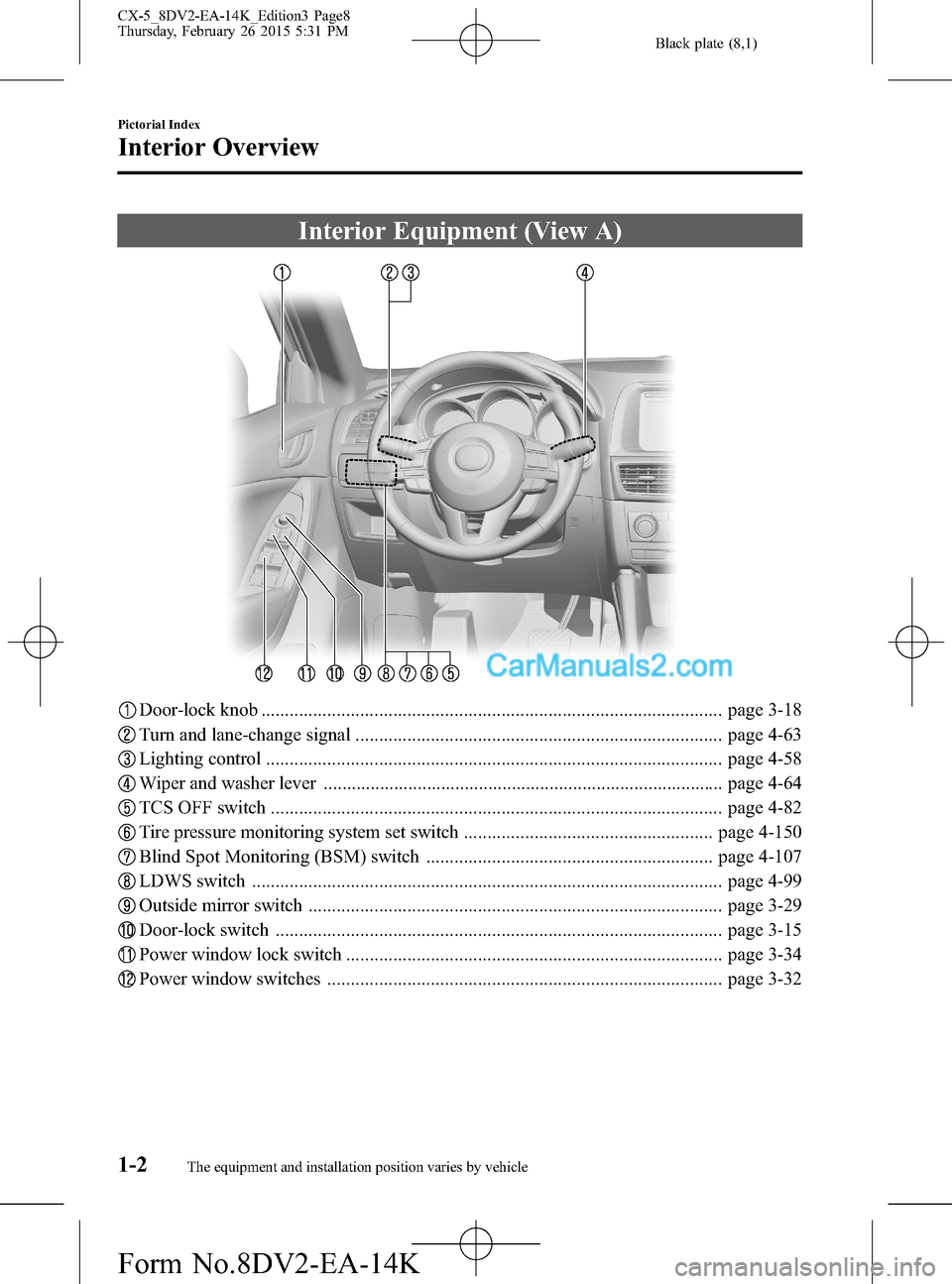 MAZDA MODEL CX-5 2016  Owners Manual (in English) Black plate (8,1)
Interior Equipment (View A)
Door-lock knob .................................................................................................. page 3-18
Turn and lane-change signal ..
