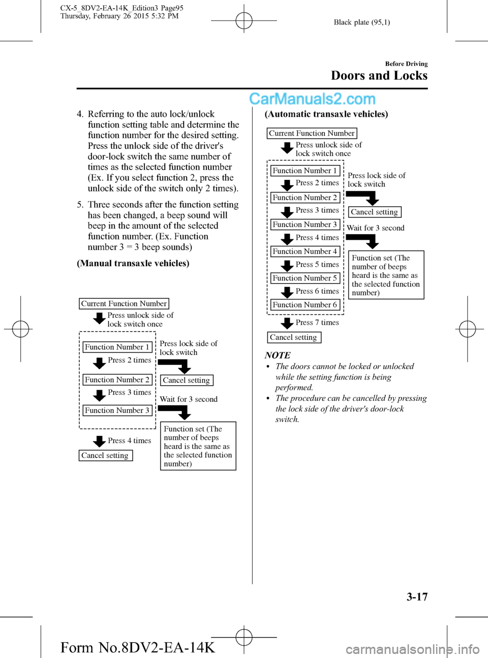 MAZDA MODEL CX-5 2016 Owners Manual (in English) Black plate (95,1)
4. Referring to the auto lock/unlock
function setting table and determine the
function number for the desired setting.
Press the unlock side of the drivers
door-lock switch the sam MAZDA MODEL CX-5 2016 Owners Manual (in English) Black plate (95,1)
4. Referring to the auto lock/unlock
function setting table and determine the
function number for the desired setting.
Press the unlock side of the drivers
door-lock switch the sam