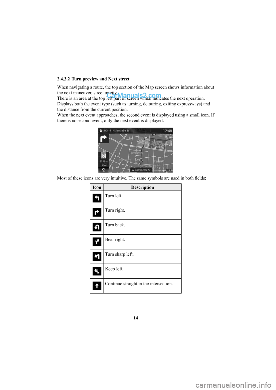 MAZDA MODEL CX-5 2016  Navigation Manual (in English) 14
2.4.3.2  Turn preview and Next street 
When navigating a route, the top section of the Map screen shows informa\
tion about 
the next maneuver, street or city.
There is an area at the top left part
