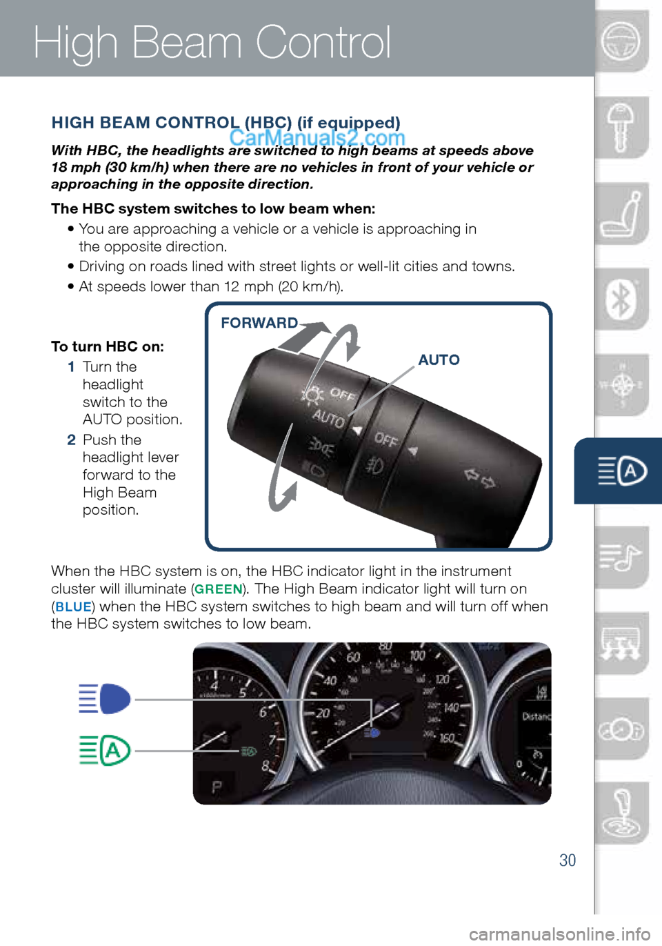MAZDA MODEL CX-5 2016 Smart Start Guide (in English) 30
High Beam Control
To turn HBC on:
1 Turn the
headlight
switch to the
AUTO position.
2 Push the
headlight lever
forward to the
High Beam
position.
When the HBC system is on, the MAZDA MODEL CX-5 2016 Smart Start Guide (in English) 30
High Beam Control
To turn HBC on:
1 Turn the
headlight
switch to the
AUTO position.
2 Push the
headlight lever
forward to the
High Beam
position.
When the HBC system is on, the