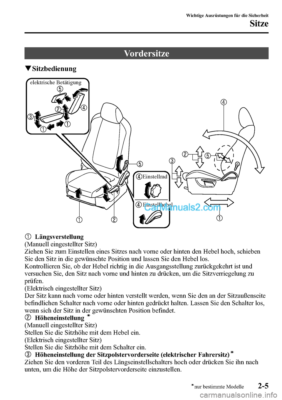 MAZDA MODEL CX-5 2016 Betriebsanleitung (in German) Vordersitze
qSitzbedienung
elektrische Betätigung
Einstellrad
Einstellhebel
Längsverstellung
(Manuell eingestellter Sitz)
Ziehen Sie zum Einstellen eines Sitzes nach vorne oder hinten den Hebel hoch MAZDA MODEL CX-5 2016 Betriebsanleitung (in German) Vordersitze
qSitzbedienung
elektrische Betätigung
Einstellrad
Einstellhebel
Längsverstellung
(Manuell eingestellter Sitz)
Ziehen Sie zum Einstellen eines Sitzes nach vorne oder hinten den Hebel hoch