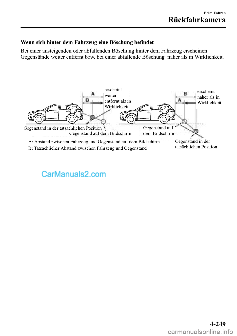 MAZDA MODEL CX-5 2016  Betriebsanleitung (in German) Wenn sich hinter dem Fahrzeug eine Böschung befindet
Bei einer ansteigenden oder abfallenden Böschung hinter dem Fahrzeug erscheinen
Gegenstände weiter entfernt bzw. bei einer abfallende Böschung 