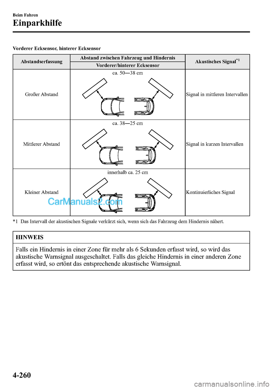 MAZDA MODEL CX-5 2016  Betriebsanleitung (in German) Vorderer Ecksensor, hinterer Ecksensor
AbstandserfassungAbstand zwischen Fahrzeug und Hindernis
Akustisches Signal
*1Vorderer/hinterer Ecksensor
Großer Abstandca. 50―38 cm
Signal in mittleren Inter