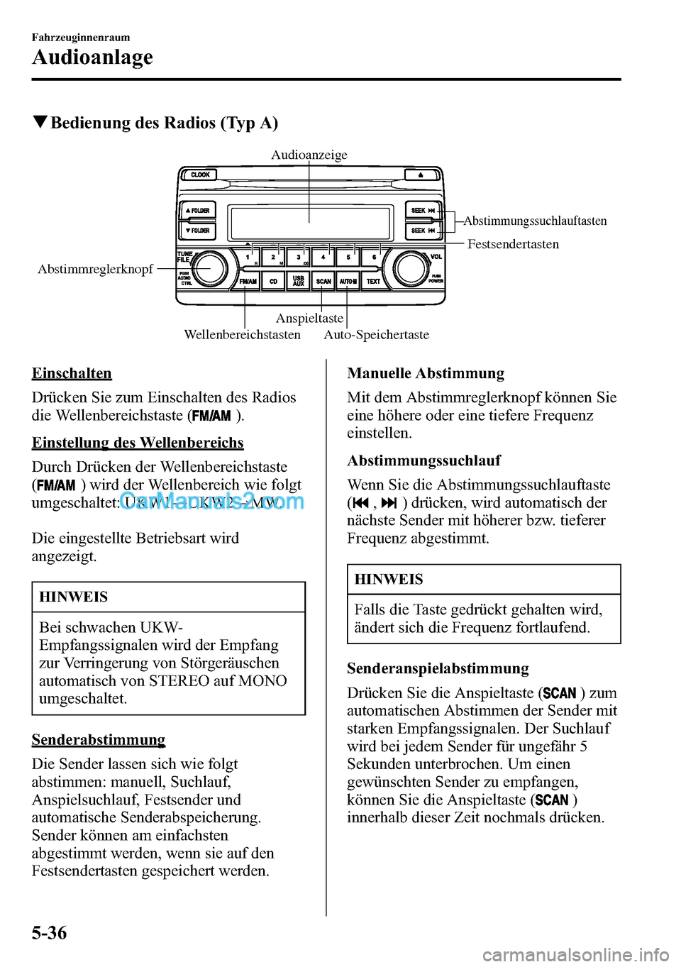 MAZDA MODEL CX-5 2016 Betriebsanleitung (in German) qBedienung des Radios (Typ A)
WellenbereichstastenAnspieltaste
Abstimmungssuchlauftasten
Festsendertasten
Auto-Speichertaste AbstimmreglerknopfAudioanzeige
Einschalten
Drücken Sie zum Einschalten des MAZDA MODEL CX-5 2016 Betriebsanleitung (in German) qBedienung des Radios (Typ A)
WellenbereichstastenAnspieltaste
Abstimmungssuchlauftasten
Festsendertasten
Auto-Speichertaste AbstimmreglerknopfAudioanzeige
Einschalten
Drücken Sie zum Einschalten des