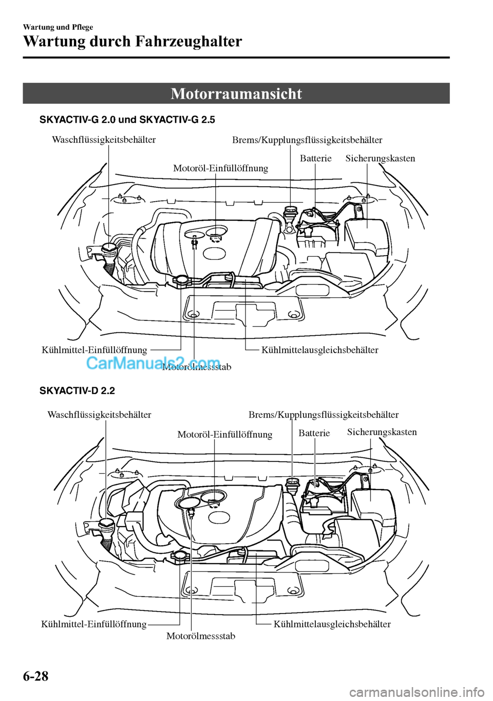 MAZDA MODEL CX-5 2016 Betriebsanleitung (in German) Motorraumansicht
Waschflüssigkeitsbehälter
Motoröl-EinfüllöffnungBrems/Kupplungsflüssigkeitsbehälter
Motorölmessstab Batterie Sicherungskasten
Kühlmittel-Einfüllöffnung Kühlmittelausglei MAZDA MODEL CX-5 2016 Betriebsanleitung (in German) Motorraumansicht
Waschflüssigkeitsbehälter
Motoröl-EinfüllöffnungBrems/Kupplungsflüssigkeitsbehälter
Motorölmessstab Batterie Sicherungskasten
Kühlmittel-Einfüllöffnung Kühlmittelausglei
