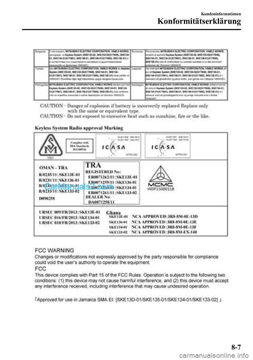 MAZDA MODEL CX-5 2016 Betriebsanleitung (in German) Kundeninformationen
Konformitätserklärung
8-7 MAZDA MODEL CX-5 2016 Betriebsanleitung (in German) Kundeninformationen
Konformitätserklärung
8-7