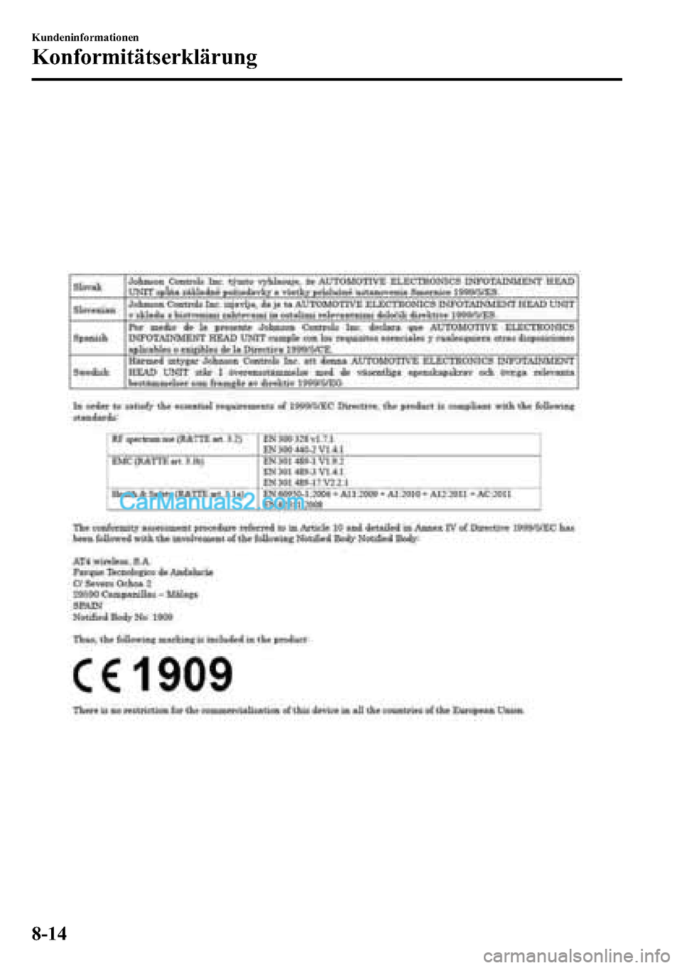 MAZDA MODEL CX-5 2016 Betriebsanleitung (in German) 8-14
Kundeninformationen
Konformitätserklärung MAZDA MODEL CX-5 2016 Betriebsanleitung (in German) 8-14
Kundeninformationen
Konformitätserklärung