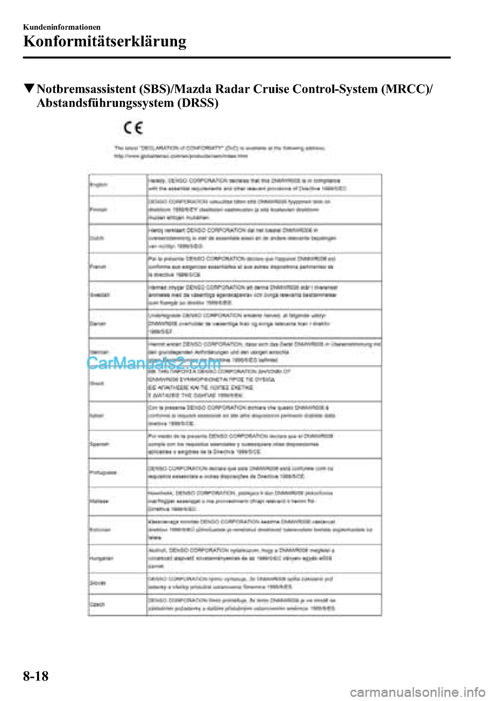 MAZDA MODEL CX-5 2016  Betriebsanleitung (in German) qNotbremsassistent (SBS)/Mazda Radar Cruise Control-System (MRCC)/
Abstandsführungssystem (DRSS)
8-18
Kundeninformationen
Konformitätserklärung  