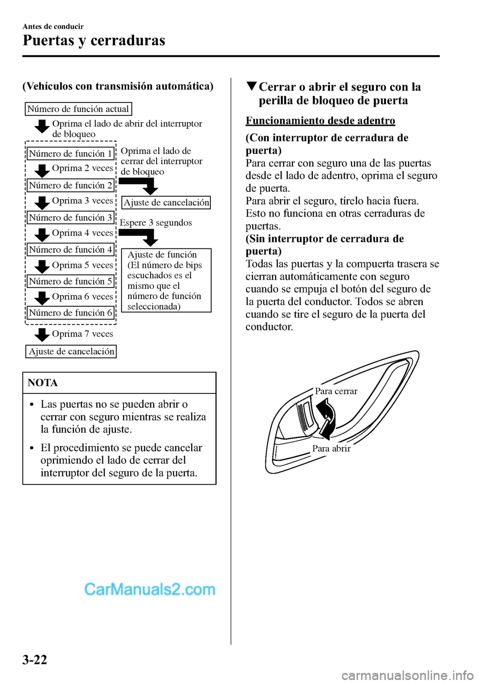 MAZDA MODEL CX-5 2016 Manual del propietario (in Spanish) (Vehículos con transmisión automática)
Oprima el lado de abrir del interruptor
de bloqueo
Oprima 2 veces
Oprima 3 veces Número de función actual
Número de función 1
Número de función 2
Oprim MAZDA MODEL CX-5 2016 Manual del propietario (in Spanish) (Vehículos con transmisión automática)
Oprima el lado de abrir del interruptor
de bloqueo
Oprima 2 veces
Oprima 3 veces Número de función actual
Número de función 1
Número de función 2
Oprim