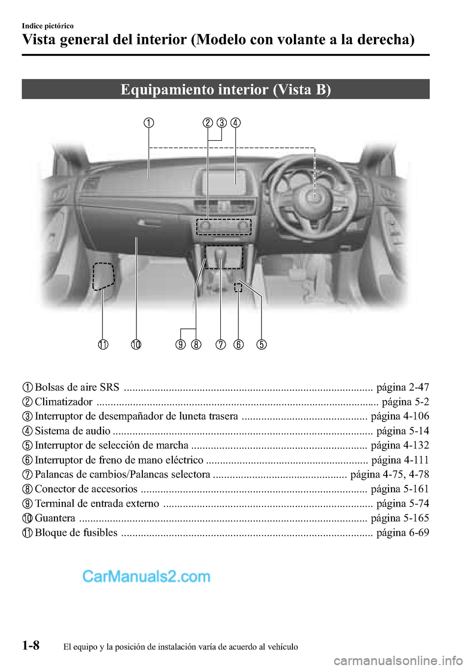 MAZDA MODEL CX-5 2016 Manual del propietario (in Spanish) Equipamiento interior (Vista B)
Bolsas de aire SRS ......................................................................................... página 2-47
Climatizador ................................. MAZDA MODEL CX-5 2016 Manual del propietario (in Spanish) Equipamiento interior (Vista B)
Bolsas de aire SRS ......................................................................................... página 2-47
Climatizador .................................