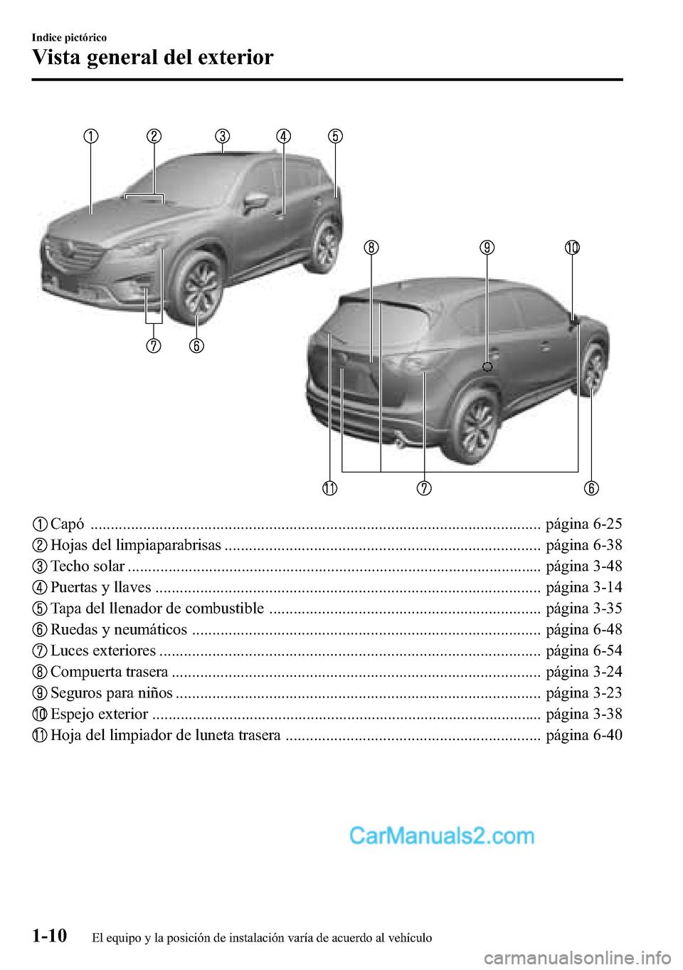MAZDA MODEL CX-5 2016 Manual del propietario (in Spanish) Capó ............................................................................................................... página 6-25
Hojas del limpiaparabrisas .......................................... MAZDA MODEL CX-5 2016 Manual del propietario (in Spanish) Capó ............................................................................................................... página 6-25
Hojas del limpiaparabrisas ..........................................
