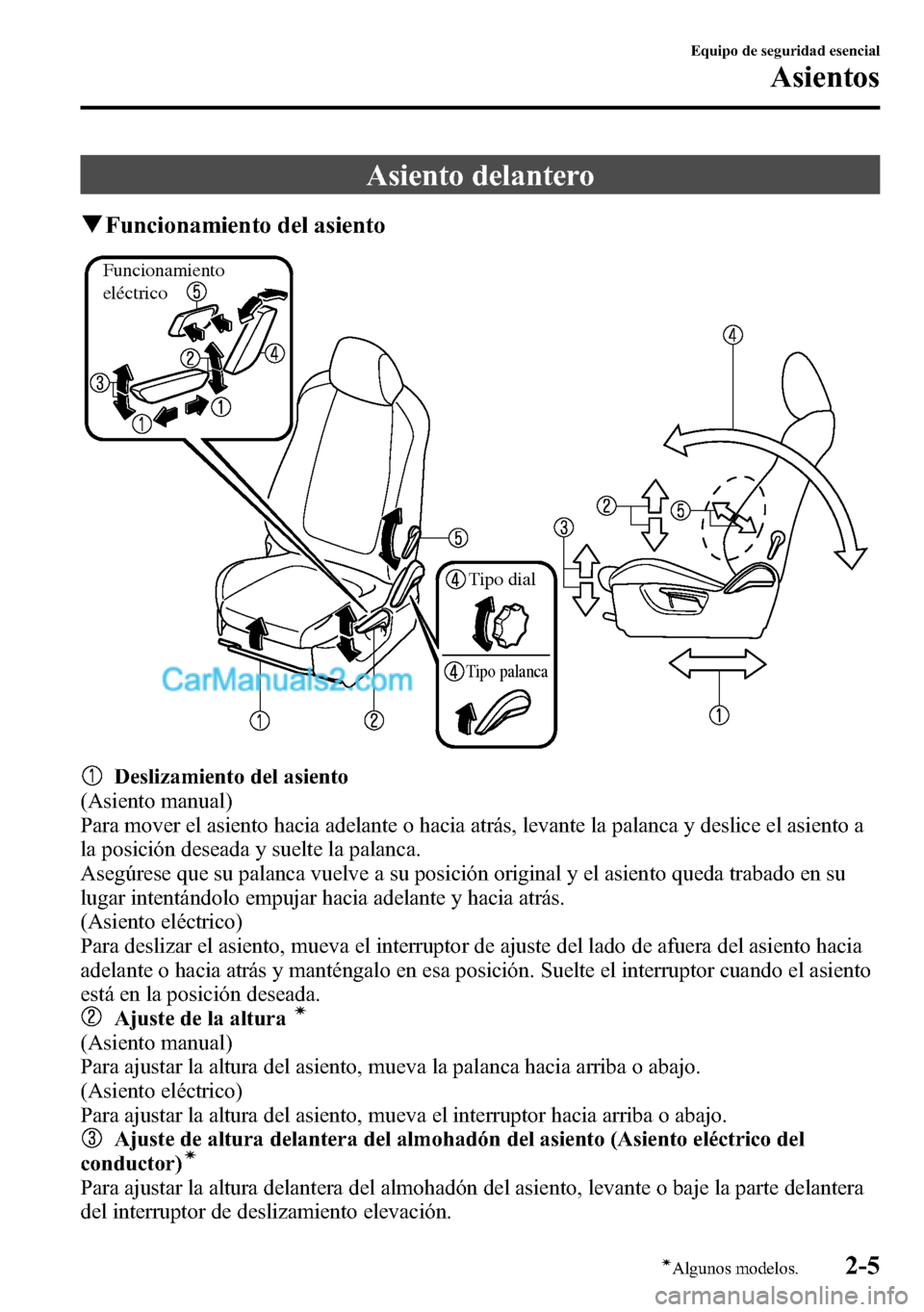 MAZDA MODEL CX-5 2016 Manual del propietario (in Spanish) Asiento delantero
qFuncionamiento del asiento
Funcionamiento
eléctrico
Tipo dial
Tipo palanca
Deslizamiento del asiento
(Asiento manual)
Para mover el asiento hacia adelante o hacia atrás, levante MAZDA MODEL CX-5 2016 Manual del propietario (in Spanish) Asiento delantero
qFuncionamiento del asiento
Funcionamiento
eléctrico
Tipo dial
Tipo palanca
Deslizamiento del asiento
(Asiento manual)
Para mover el asiento hacia adelante o hacia atrás, levante