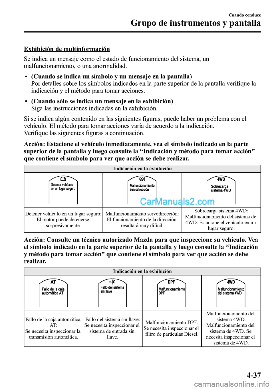 MAZDA MODEL CX-5 2016 Manual del propietario (in Spanish) Exhibición de multinformación
Se indica un mensaje como el estado de funcionamiento del sistema, un
malfuncionamiento, o una anormalidad.
l(Cuando se indica un símbolo y un mensaje en la pantalla)
MAZDA MODEL CX-5 2016 Manual del propietario (in Spanish) Exhibición de multinformación
Se indica un mensaje como el estado de funcionamiento del sistema, un
malfuncionamiento, o una anormalidad.
l(Cuando se indica un símbolo y un mensaje en la pantalla)