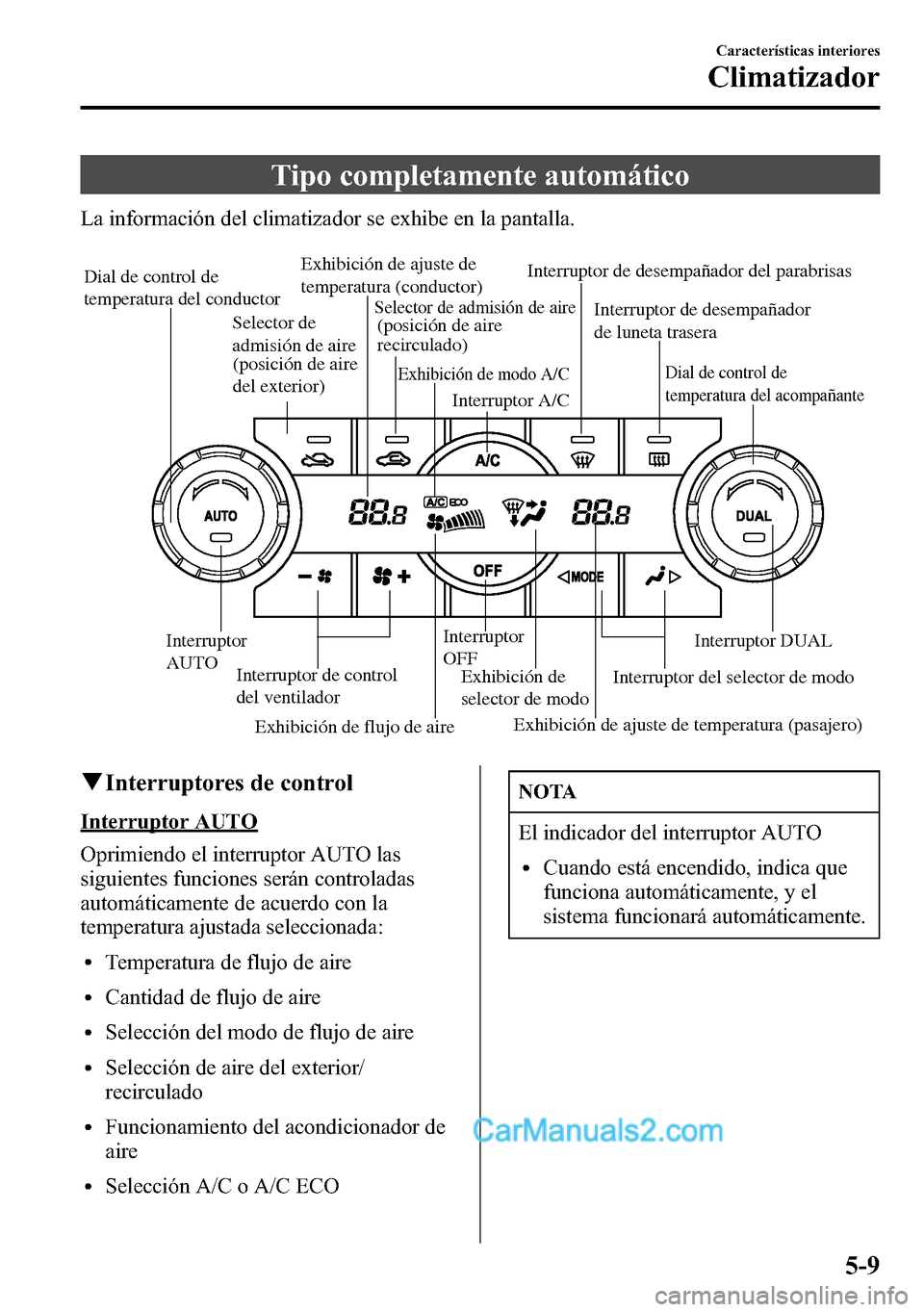 MAZDA MODEL CX-5 2016 Manual del propietario (in Spanish) Tipo completamente automático
La información del climatizador se exhibe en la pantalla.
Exhibición de flujo de aireExhibición de ajuste de
temperatura (conductor)
Exhibición de
selector de modo MAZDA MODEL CX-5 2016 Manual del propietario (in Spanish) Tipo completamente automático
La información del climatizador se exhibe en la pantalla.
Exhibición de flujo de aireExhibición de ajuste de
temperatura (conductor)
Exhibición de
selector de modo