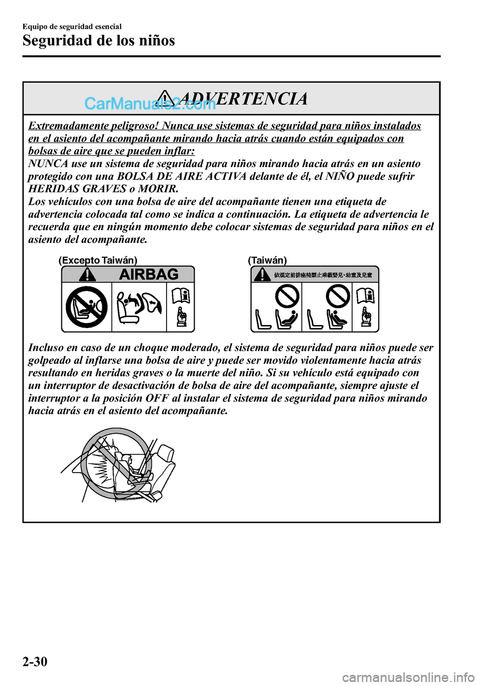 MAZDA MODEL CX-5 2016  Manual del propietario (in Spanish) ADVERTENCIA
Extremadamente peligroso! Nunca use sistemas de seguridad para niños instalados
en el asiento del acompañante mirando hacia atrás cuando están equipados con
bolsas de aire que se puede