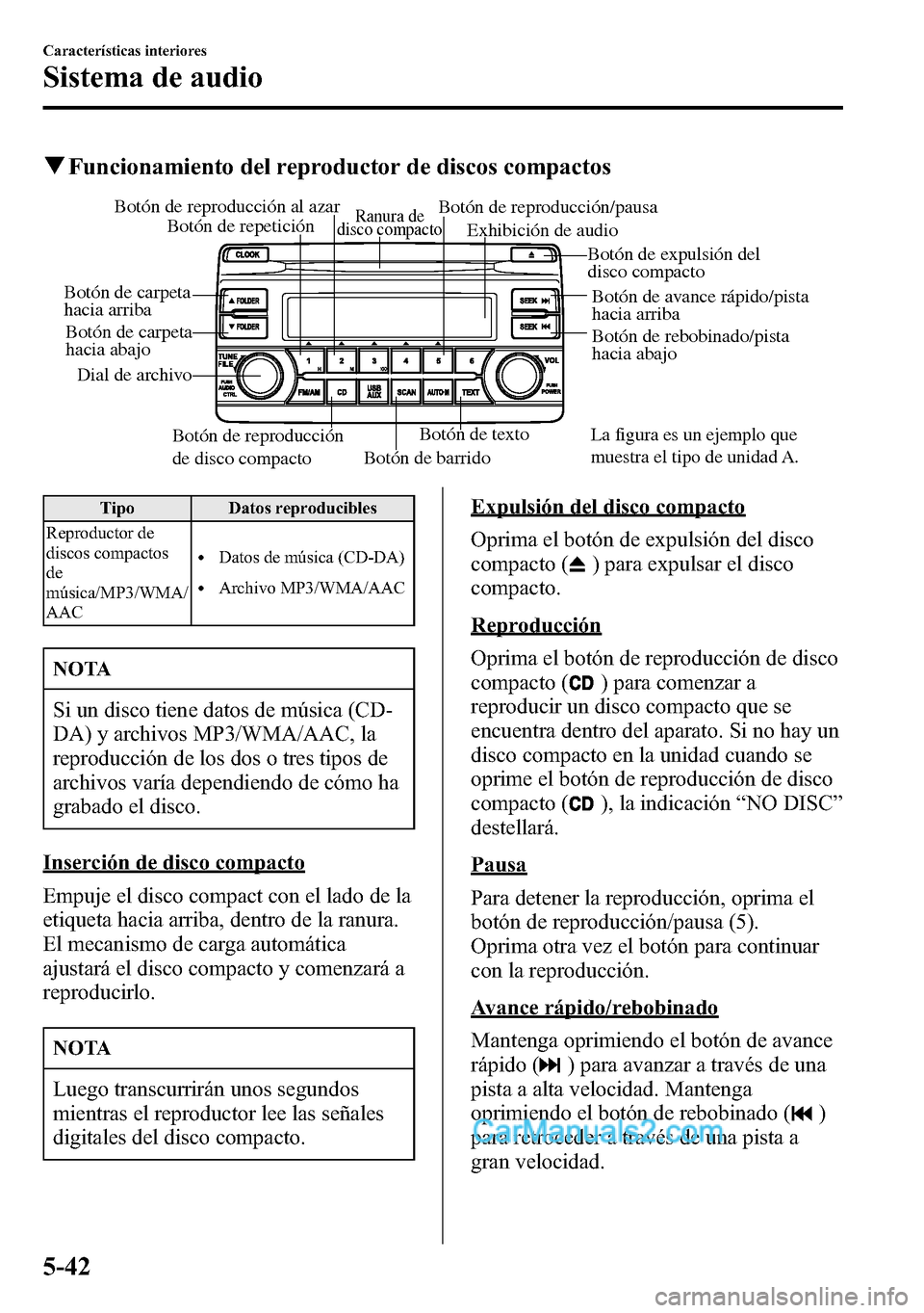 MAZDA MODEL CX-5 2016 Manual del propietario (in Spanish) qFuncionamiento del reproductor de discos compactos
Botón de reproducción
de disco compactoBotón de barridoBotón de textoBotón de rebobinado/pista
hacia abajo Botón de avance rápido/pista
ha MAZDA MODEL CX-5 2016 Manual del propietario (in Spanish) qFuncionamiento del reproductor de discos compactos
Botón de reproducción
de disco compactoBotón de barridoBotón de textoBotón de rebobinado/pista
hacia abajo Botón de avance rápido/pista
ha