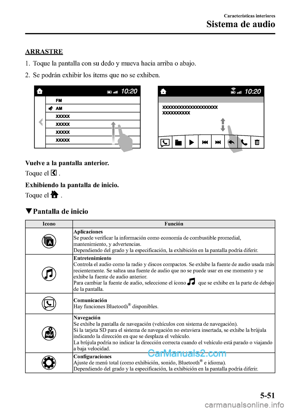 MAZDA MODEL CX-5 2016  Manual del propietario (in Spanish) ARRASTRE
1. Toque la pantalla con su dedo y mueva hacia arriba o abajo.
2. Se podrán exhibir los ítems que no se exhiben.
Vuelve a la pantalla anterior.
Toque el
.
Exhibiendo la pantalla de inicio.
